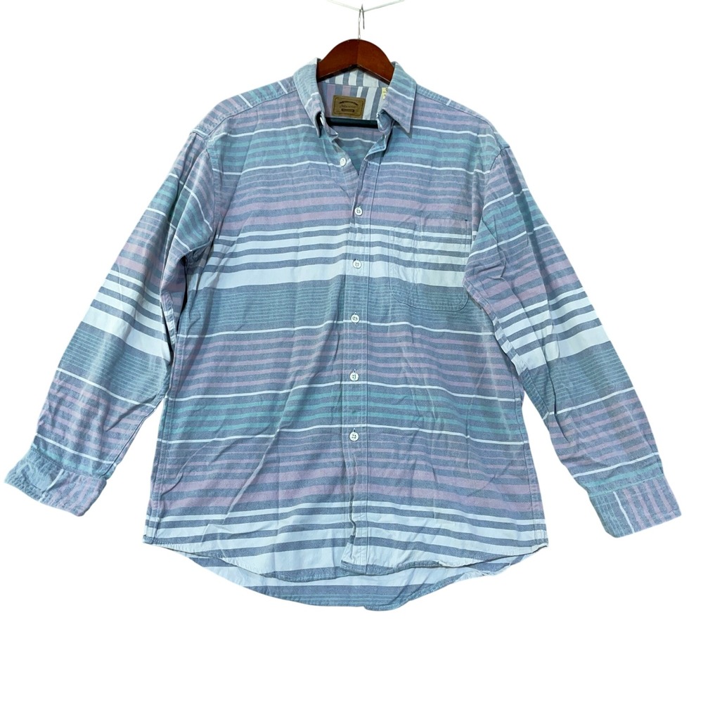 St Johns Bay Men's L Blue Beefy Striped Button Down Shirt Cotton